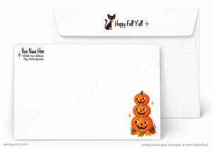 Whimsical Halloween Greeting Card - Autumn Tree & Pumpkin Swing Design
