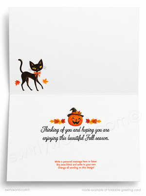 Whimsical Halloween Greeting Card - Autumn Tree & Pumpkin Swing Design