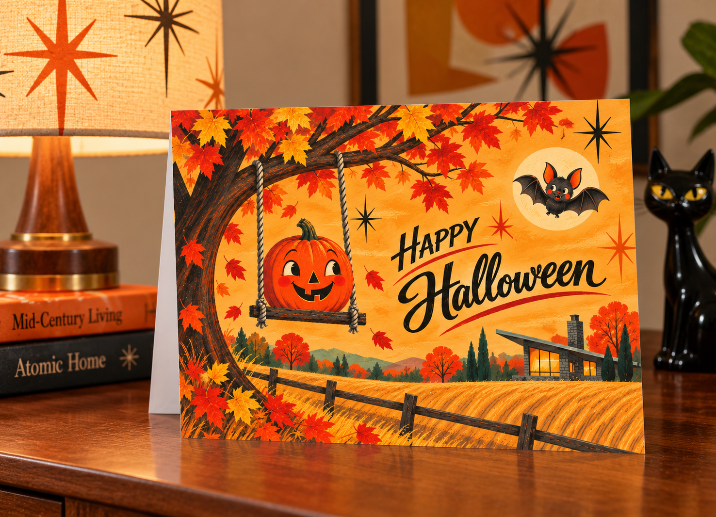Whimsical Halloween Greeting Card - Autumn Tree & Pumpkin Swing Design