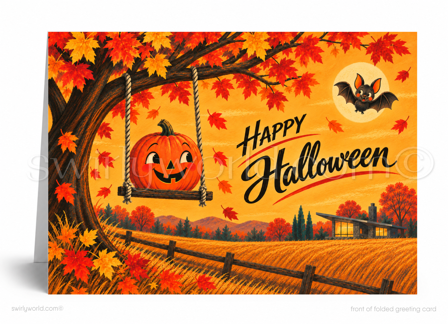 Whimsical Halloween Greeting Card - Autumn Tree & Pumpkin Swing Design