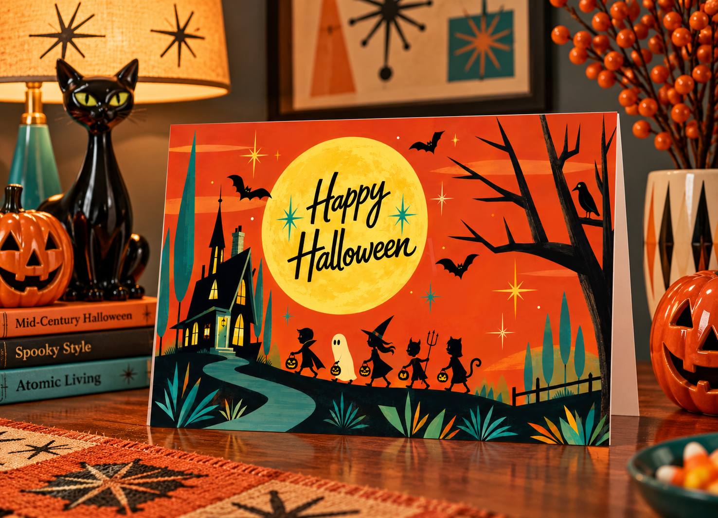 Whimsical Haunted House Business Halloween Greeting Card - Trick-or-Treaters & Moonlit Scene