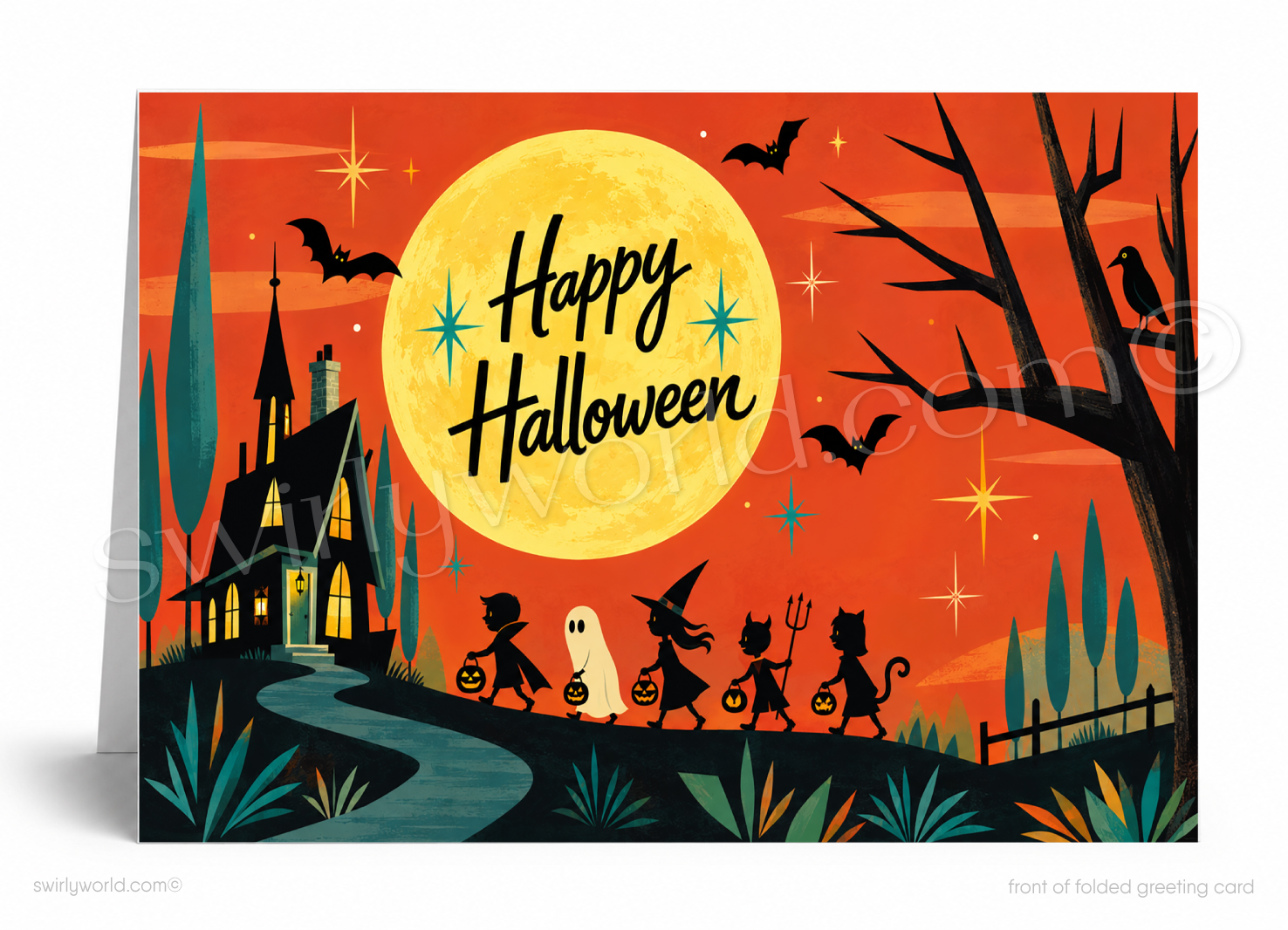 Whimsical Haunted House Business Halloween Greeting Card - Trick-or-Treaters & Moonlit Scene