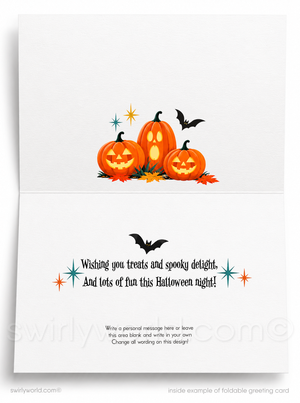 A folded white greeting card shown open, featuring Halloween illustrations: three orange jack-o'-lantern pumpkins, black bats, small stars, and fall leaves. The lower half has a sample message for writing and a note that says inside example of foldable greeting card.