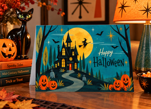 A Halloween greeting card displayed on a wooden table, featuring an illustration of a haunted house, witch on a broomstick, pumpkins, bats, and a large yellow moon with the text 'Happy Halloween'. The card is styled in a cozy, decorated room with a black cat figurine, books, a lamp, and autumn leaves.