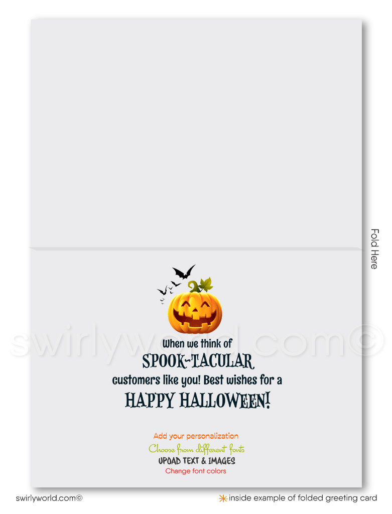 Company Business Printed Halloween Greeting Cards "We All Light Up" Pumpkin Patch