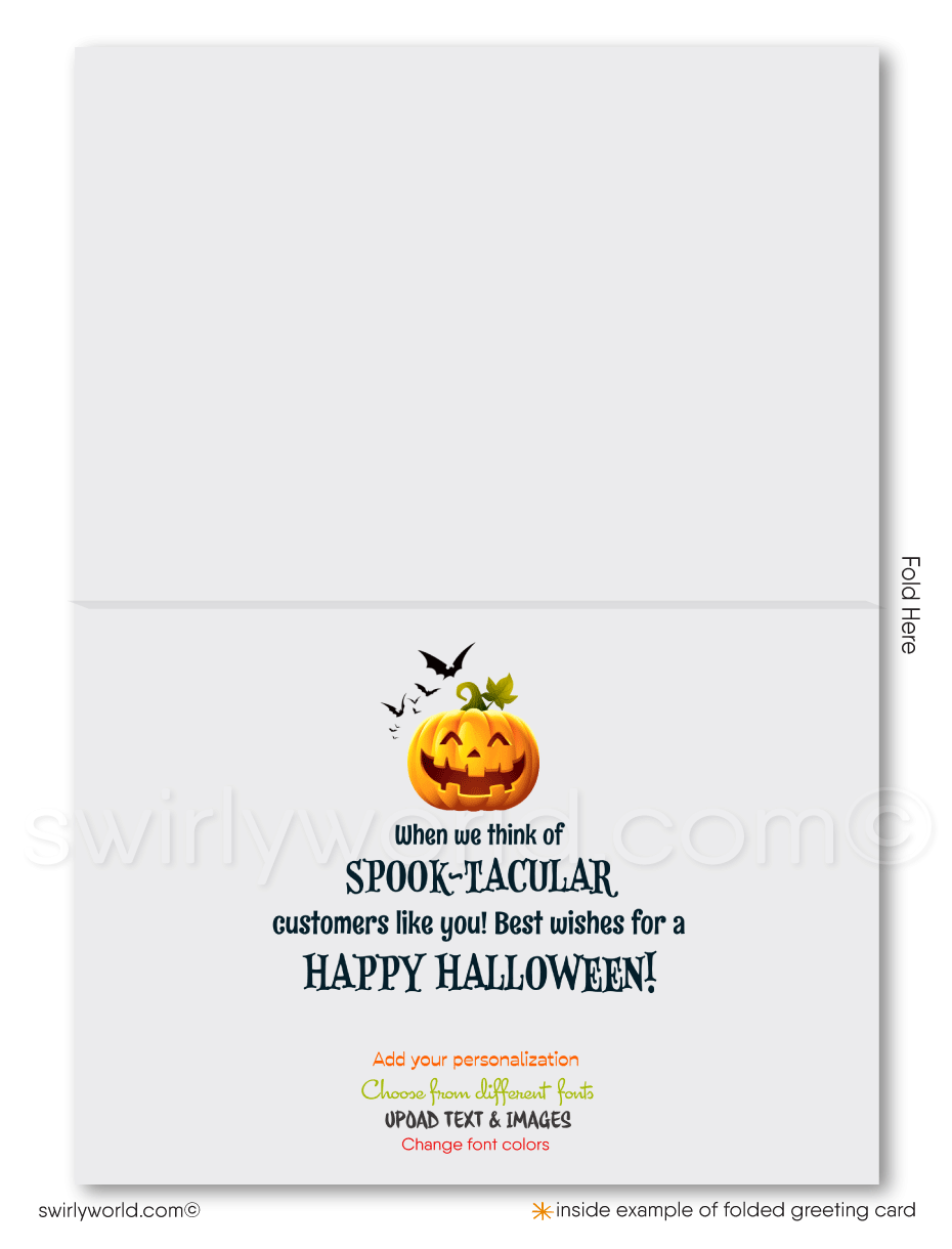 Company Business Printed Halloween Greeting Cards "We All Light Up" Pumpkin Patch 