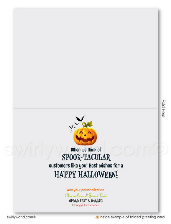 Company Business Printed Halloween Greeting Cards "We All Light Up" Pumpkin Patch 