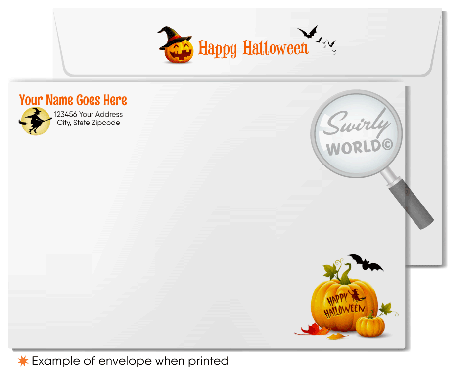 Brighten your business relationships with Swirly World's "We All Light Up" Halloween Greeting Card. Featuring Jack-o'-lanterns, a haunted mansion, and a witch on a broom, this charming card captures the Halloween spirit. Available as flat or folded cards with customizable envelopes for a personalized touch!