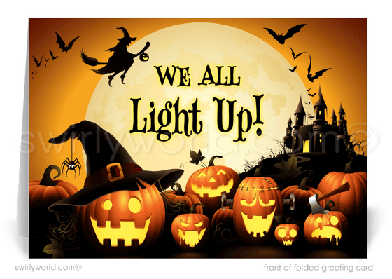 Company Business Printed Halloween Greeting Cards "We All Light Up" Pumpkin Patch 