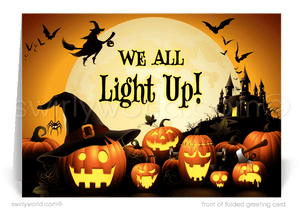Company Business Printed Halloween Greeting Cards "We All Light Up" Pumpkin Patch 