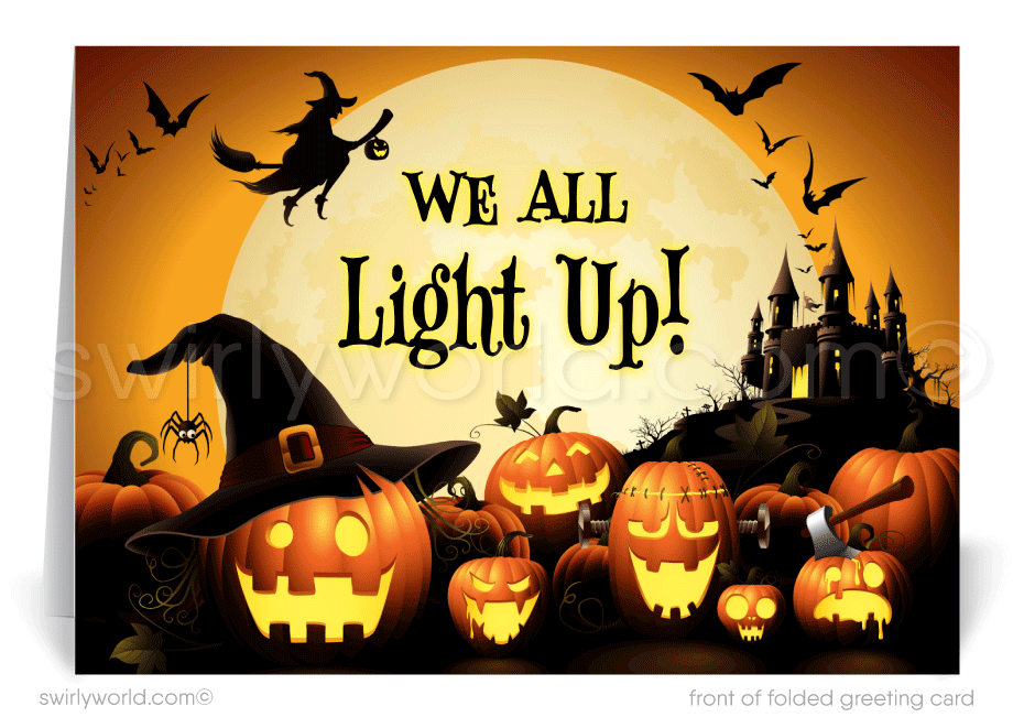Company Business Printed Halloween Greeting Cards "We All Light Up" Pumpkin Patch 