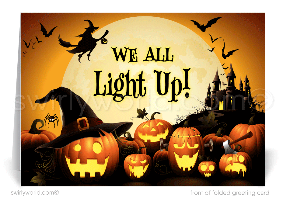 Brighten your business relationships with Swirly World's "We All Light Up" Halloween Greeting Card. Featuring Jack-o'-lanterns, a haunted mansion, and a witch on a broom, this charming card captures the Halloween spirit. Available as flat or folded cards with customizable envelopes for a personalized touch!Company Business Printed Halloween Greeting Cards "We All Light Up" Pumpkin Patch 