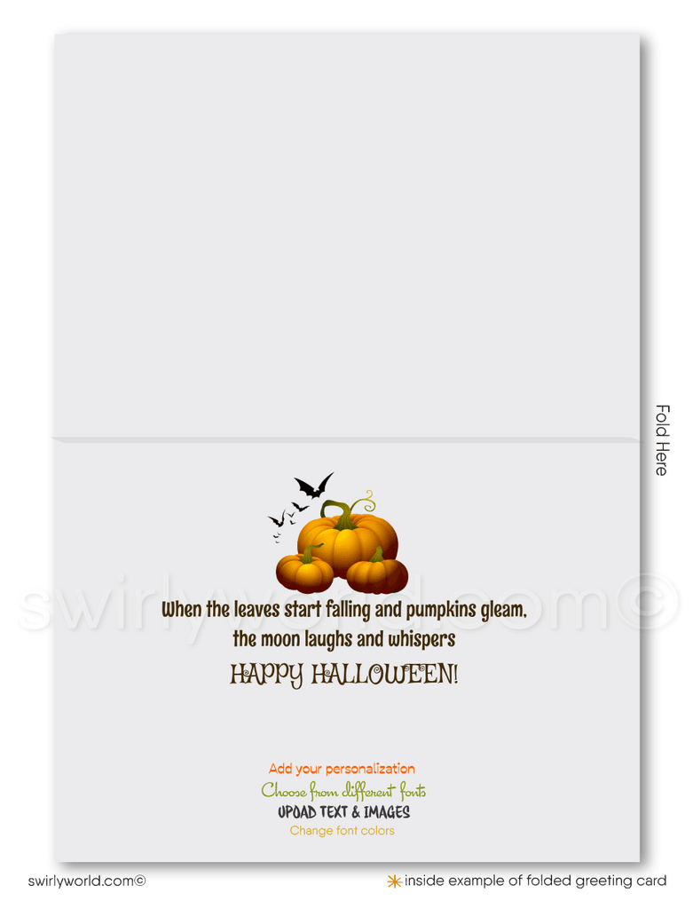 Scarecrow in Pumpkin Patch Halloween Greeting Card - Rustic Design with Bats & Full Moon
