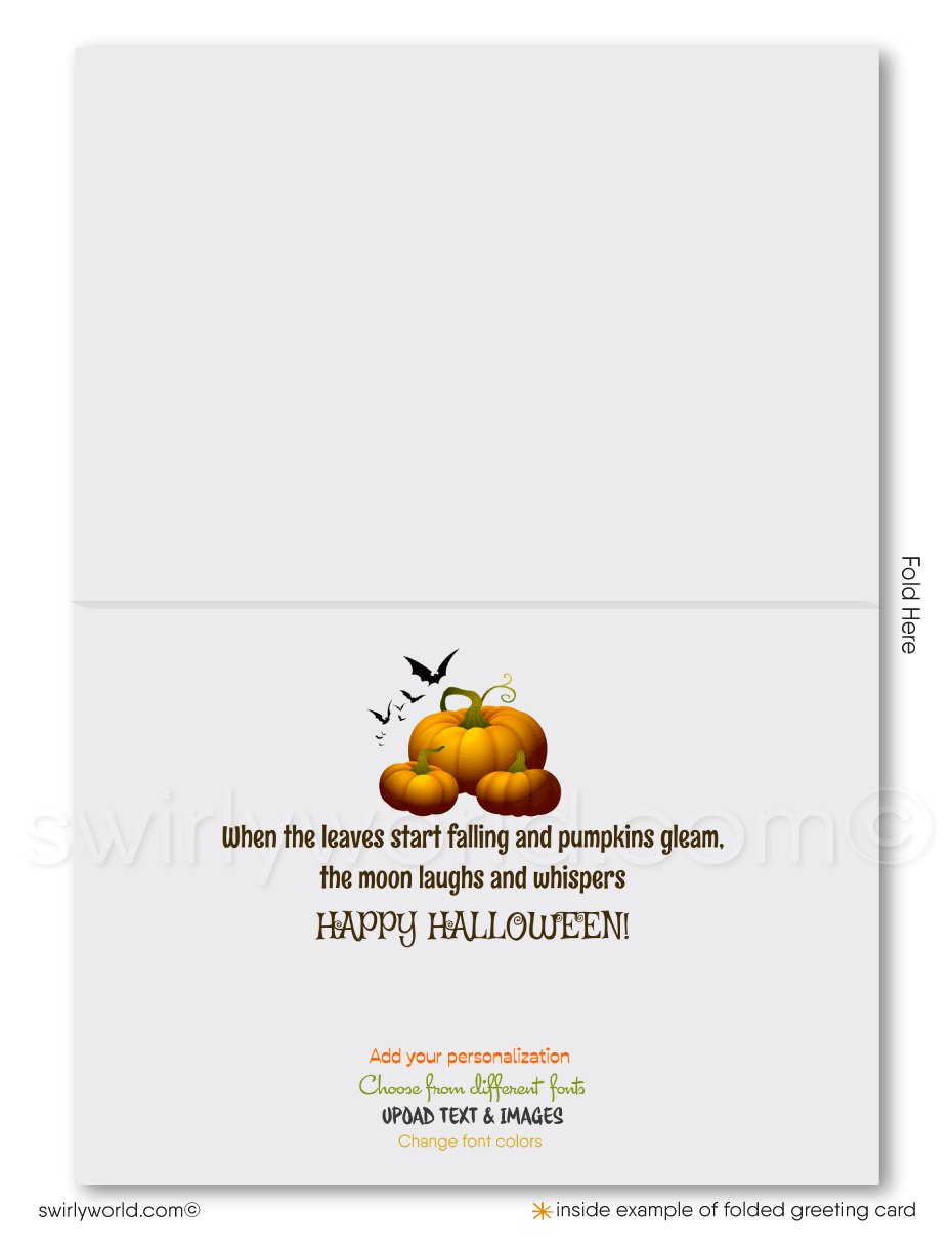 Enchant clients with Swirly World's Scarecrow in Pumpkin Patch Halloween Greeting Card. Featuring an adorable scarecrow in a bountiful pumpkin patch with bats, spiders, and a full moon, this card is perfect for sending festive Halloween wishes. Customizable envelopes available!