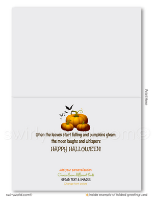 Scarecrow in Pumpkin Patch Halloween Greeting Card - Rustic Design with Bats & Full Moon