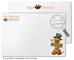Enchant clients with Swirly World's Scarecrow in Pumpkin Patch Halloween Greeting Card. Featuring an adorable scarecrow in a bountiful pumpkin patch with bats, spiders, and a full moon, this card is perfect for sending festive Halloween wishes. Customizable envelopes available!