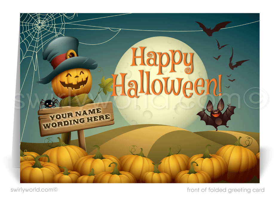 Enchant clients with Swirly World's Scarecrow in Pumpkin Patch Halloween Greeting Card. Featuring an adorable scarecrow in a bountiful pumpkin patch with bats, spiders, and a full moon, this card is perfect for sending festive Halloween wishes. Customizable envelopes available!