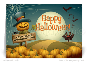 Enchant clients with Swirly World's Scarecrow in Pumpkin Patch Halloween Greeting Card. Featuring an adorable scarecrow in a bountiful pumpkin patch with bats, spiders, and a full moon, this card is perfect for sending festive Halloween wishes. Customizable envelopes available!