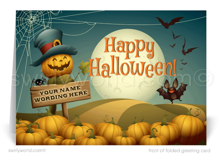 Pumpkin Patch Scarecrow Bats Fall Autumn Printed Happy Halloween Cards for Business