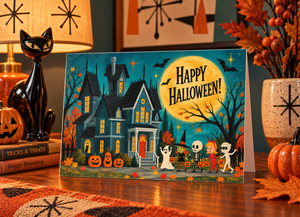 Happy Halloween Haunted House Vintage Style Greeting Card
