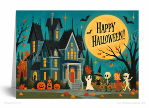 Happy Halloween Haunted House Vintage Style Greeting Card