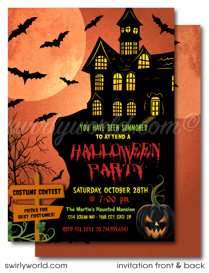 Haunted Mansion Halloween Costume Party Invitation - Spooky Full Moon - swirly-world-design haunted-mansion-halloween-costume-party-invitation-spooky-full-moon-swirly-world-design