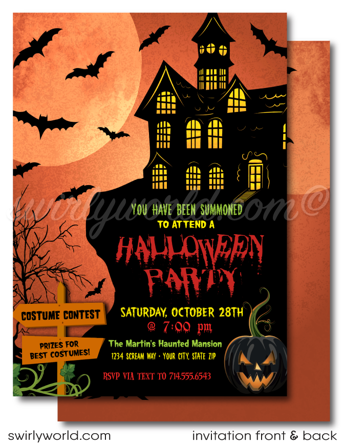 Scary Haunted House Creepy Halloween Costume Party Printed Invitations and Envelopes