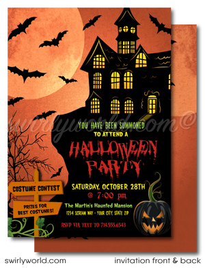 Make your Halloween costume party unforgettable with our Haunted Mansion-themed invitation set! Featuring a spooky mansion on a hill and bats against a full moon, these premium printed invitations with custom envelopes are perfect for setting the tone for a thrilling event. Ideal for all ages!
