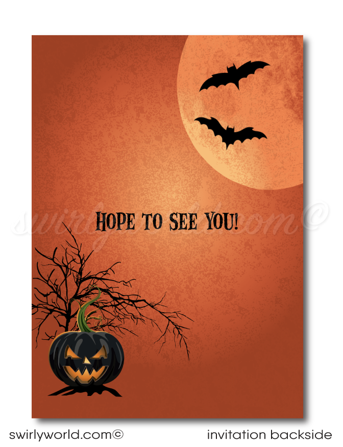 Set the tone for a thrilling Halloween costume party with our Haunted Mansion-themed invitation! Featuring a spooky mansion on a hill and bats flying against a full moon, this digital invitation is easy to customize and share instantly via post, print, text, or email. Perfect for all ages!