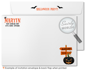 Set the tone for a thrilling Halloween costume party with our Haunted Mansion-themed invitation! Featuring a spooky mansion on a hill and bats flying against a full moon, this digital invitation is easy to customize and share instantly via post, print, text, or email. Perfect for all ages!