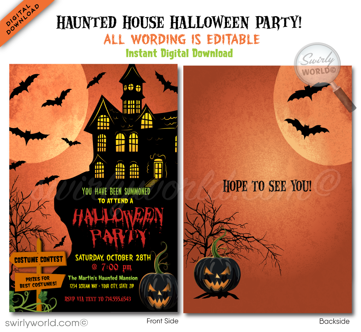 Set the tone for a thrilling Halloween costume party with our Haunted Mansion-themed invitation! Featuring a spooky mansion on a hill and bats flying against a full moon, this digital invitation is easy to customize and share instantly via post, print, text, or email. Perfect for all ages!