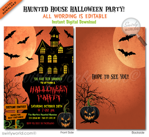 Set the tone for a thrilling Halloween costume party with our Haunted Mansion-themed invitation! Featuring a spooky mansion on a hill and bats flying against a full moon, this digital invitation is easy to customize and share instantly via post, print, text, or email. Perfect for all ages!