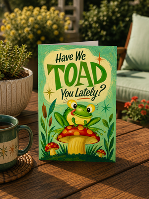 A greeting card featuring a whimsical frog sitting on a red-and-yellow mushroom with the text 'Have We TOAD You Lately?' on the front, displayed on a wooden table in a garden patio setting with a mug and plants nearby.
