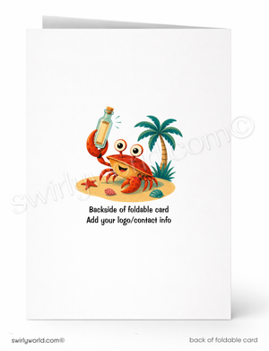 A folded white card shown front and back on a white background. The front has a colorful illustration of a smiling orange crab holding a bottle on a beach with a palm tree, and the back text reads 'Backside of foldable card' and 'Add your logo/contact info'.