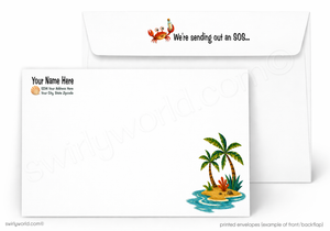 A printed envelope set shown on a white background, with one envelope displaying a small red crab and the text 'We're sending an SOS.