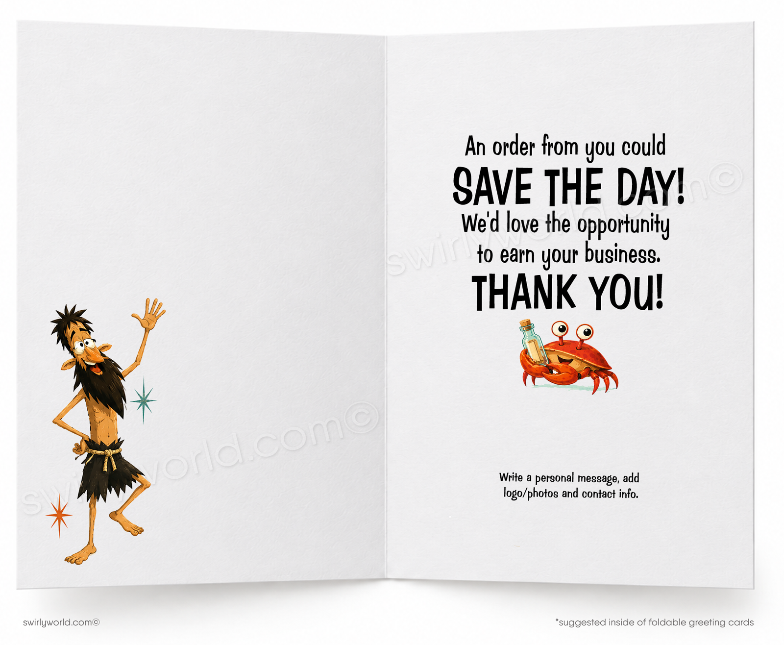 A folded greeting card shown front-on against a white background. The card features a colorful cartoon illustration of a caveman on a tropical island holding a banner that says SOS, with a crab and palm tree in the scene.