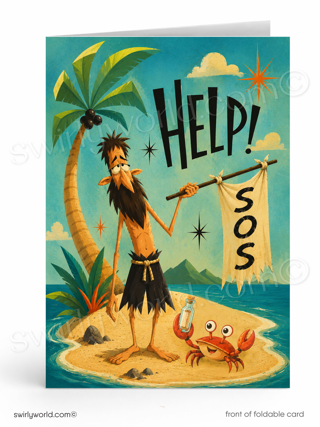 A folded greeting card shown front-on against a white background. The card features a colorful cartoon illustration of a caveman on a tropical island holding a banner that says SOS, with a crab and palm tree in the scene.