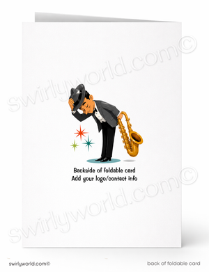 A folded white card shown front and back on a white background. The front features a cartoon man in a tuxedo holding a saxophone and looking down, with small colored starburst accents and the text 'Backside of foldable card Add your logo/contact info.