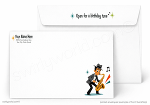 A printed birthday tune envelope set shown on a white background, with the front of one envelope featuring a cartoon saxophone player and the back showing the message 'Open for a birthday tune' with star accents, and a second envelope behind it.