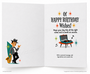 An open folding greeting card shown front and back on a white background. The right panel has decorative text reading 'Of Happy Birthday Wishes!' with colorful starbursts, a small record-player illustration, and placeholder writing for personalization.