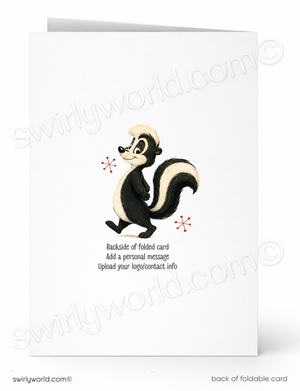 Back of a folded card with a cartoon skunk design and text.