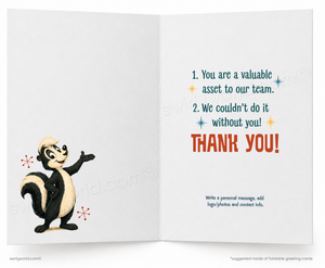 Animated skunk character on a greeting card with text expressing appreciation and gratitude.