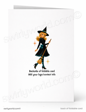 A white foldable greeting card shown front and back. The front features a cartoon witch in a black hat and dress holding a broom, with the text 'Backside of foldable card Add your logo/contact info' below.