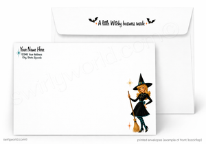 White printed envelopes shown on a light gray background, with one envelope displaying a Halloween witch illustration and the other showing a sample address block and the phrase 'A Little Witchy business inside.'.