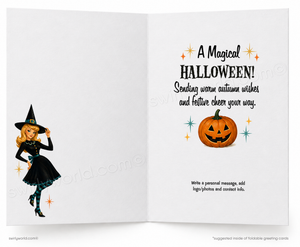 An open greeting card design with a white interior, featuring a cartoon witch on the left page and Halloween-themed text and a jack-o'-lantern on the right page.