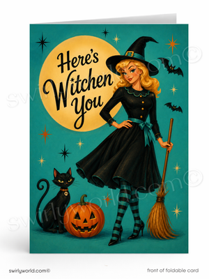 A Halloween-themed foldable greeting card featuring a retro illustration of a blonde witch in a black dress and hat, standing beside a broom, black cat, and jack-o'-lantern in front of a large yellow moon on a teal background. The card reads 'Here's Witchen You'.