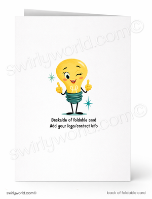 A folded greeting card shown front and back on a white background. The front features a cartoon lightbulb character with a yellow face and body, green striped shirt, and black legs, giving two thumbs up.