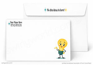 White printed envelopes shown on a light gray background, with one envelope displaying the front flap printed with the phrase 'No dim ideas in here!' and the other showing a blank front with placeholder text and a cartoon lightbulb character.