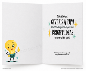 An open greeting card template with a white interior. The left panel shows a cartoon yellow lightbulb character giving a thumbs-up, and the right panel contains placeholder text reading, 'You should GIVE US A TRY! We'd be delighted to put our BRIGHT IDEAS to work for you!' with small decorative sparkles and writing instructions below.