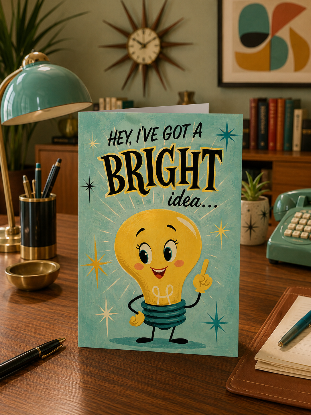 A folded greeting card shown upright on a white background. The card front features a teal background with the text 'HEY, I'VE GOT A BRIGHT idea.